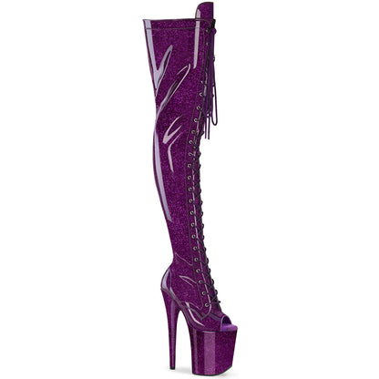 *8" Heel, 4" PF Peep Toe Lace-Up Thigh Boot, Side Zip (Pleaser FLAM3021GP/AQG/M)