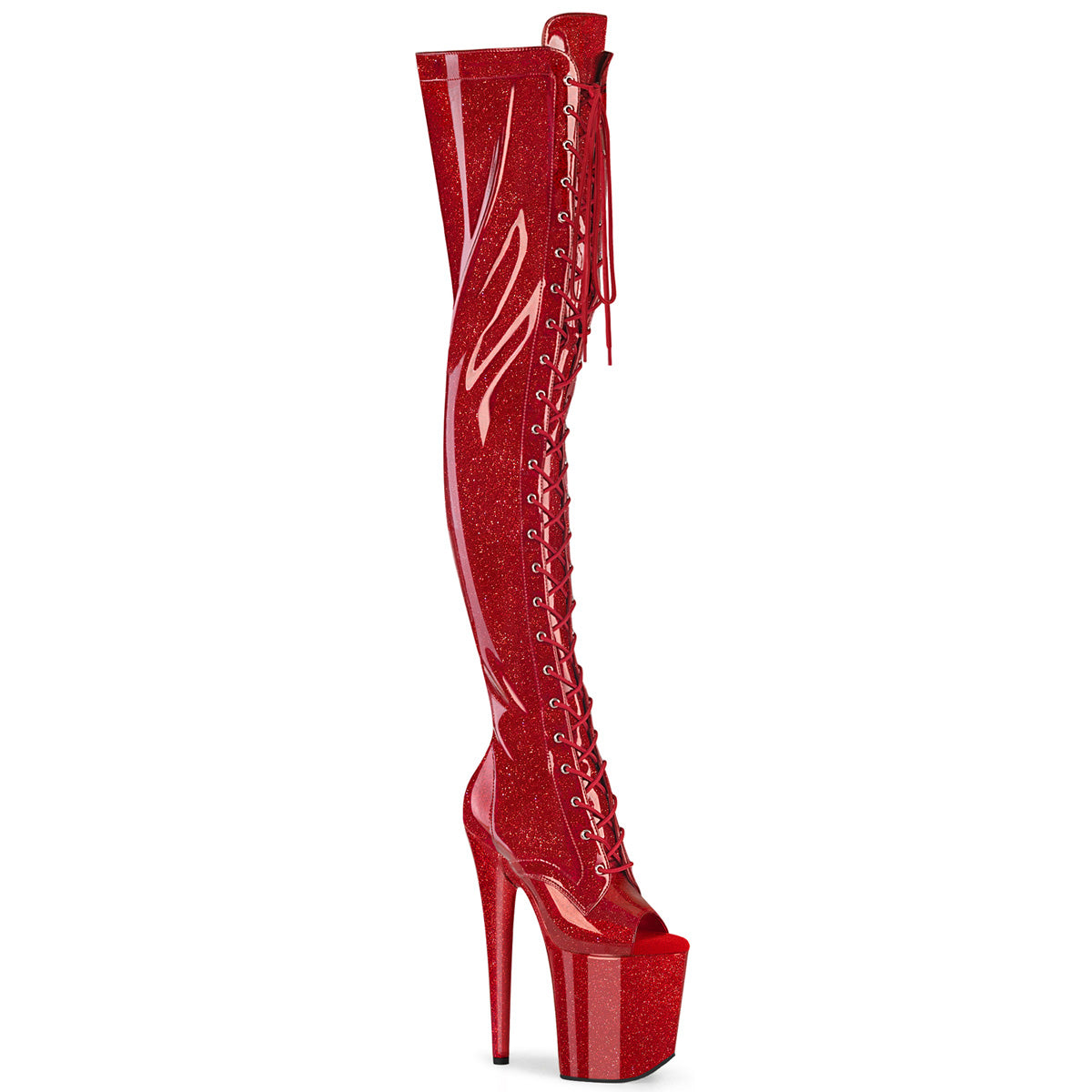 *8" Heel, 4" PF Peep Toe Lace-Up Thigh Boot, Side Zip (Pleaser FLAM3021GP/AQG/M)