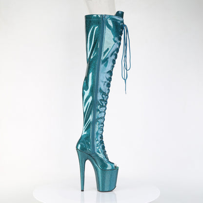 *8" Heel, 4" PF Peep Toe Lace-Up Thigh Boot, Side Zip (Pleaser FLAM3021GP/AQG/M)