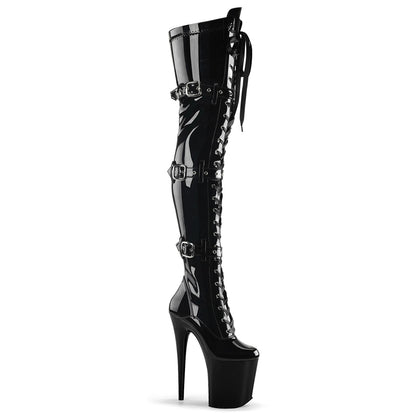 8" Heel, 4" PF Stretch Thigh Boot W/Buckled Straps, Side Zip (Pleaser FLAM3028/B/M)