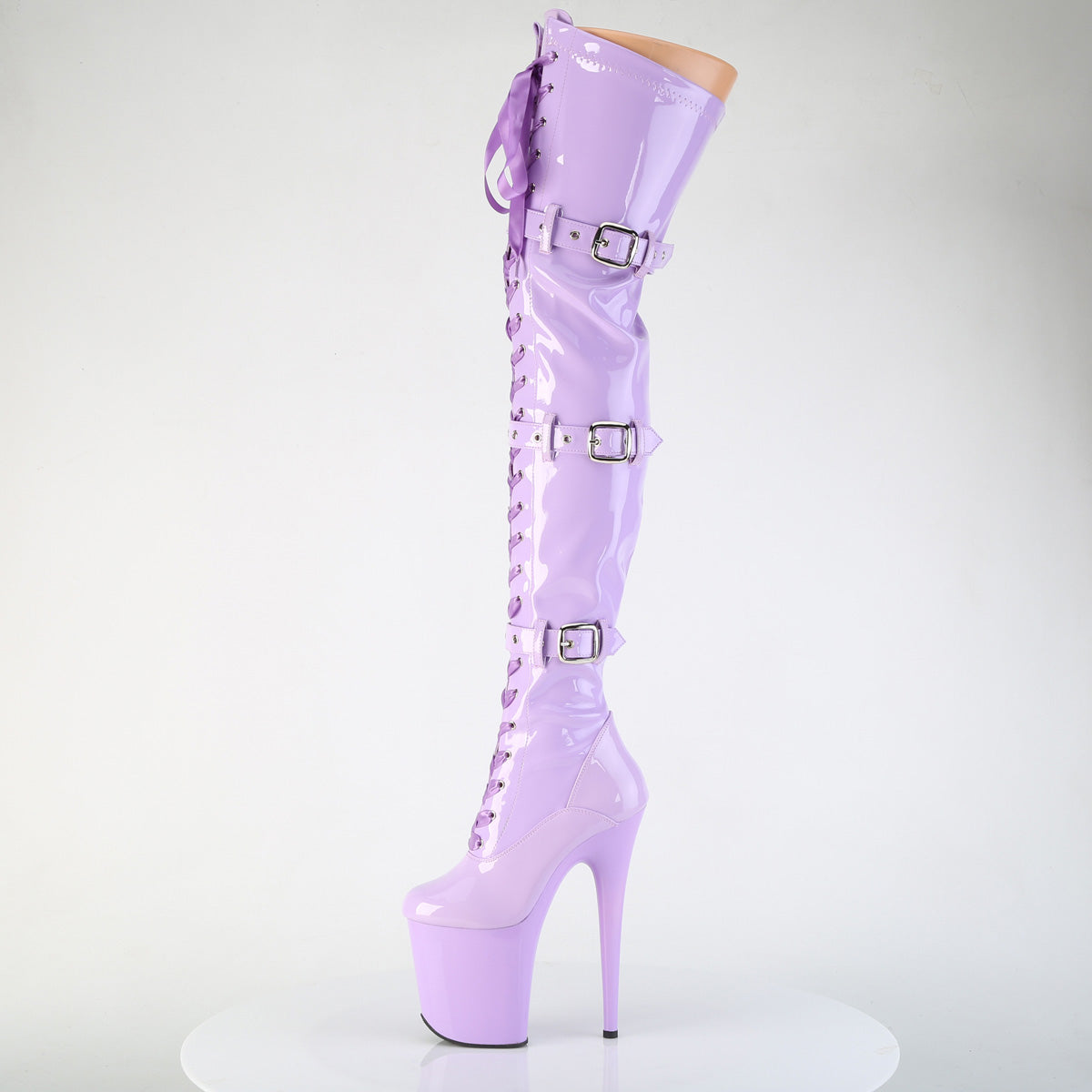8" Heel, 4" PF Stretch Thigh Boot W/Buckled Straps, Side Zip (Pleaser FLAM3028/B/M)
