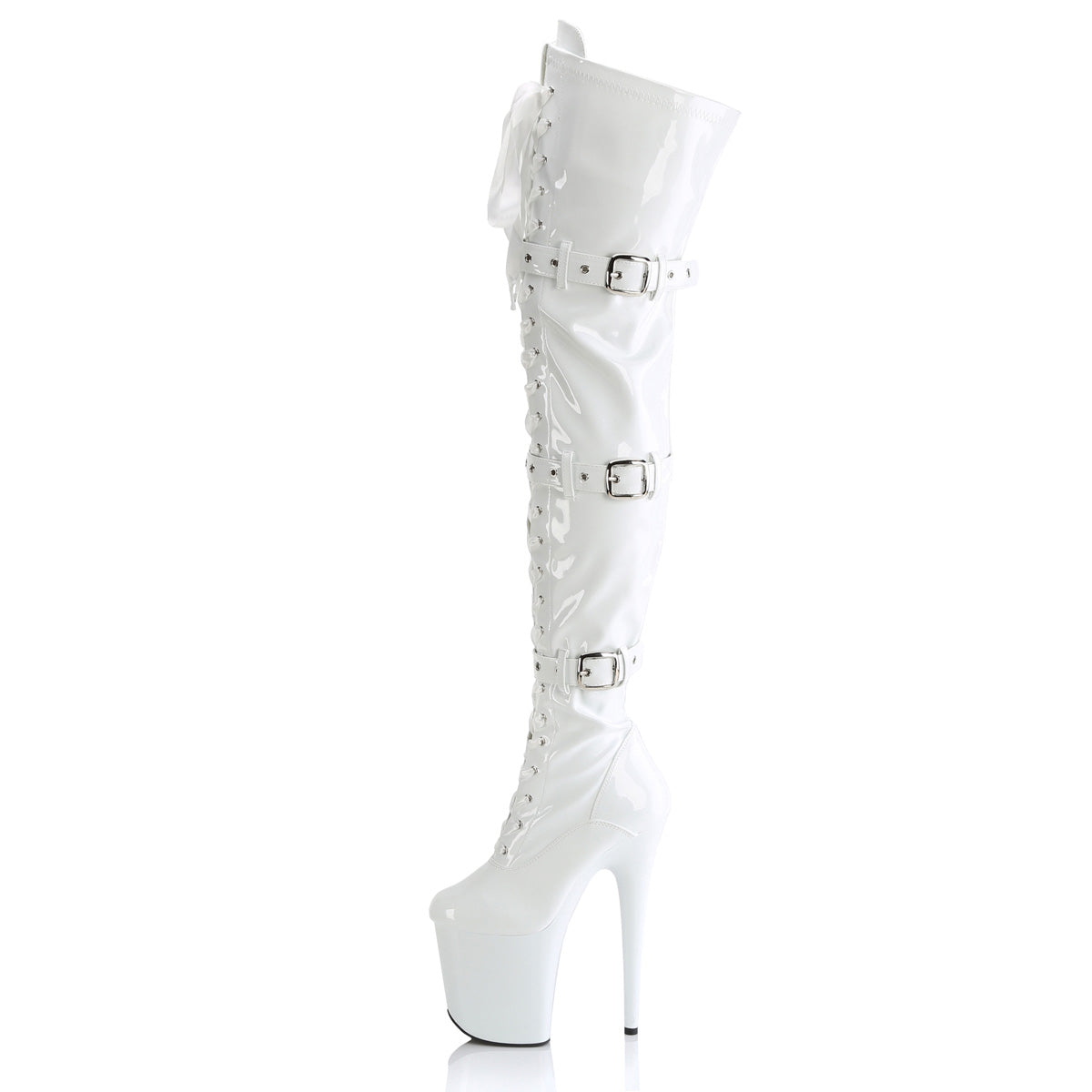 8" Heel, 4" PF Stretch Thigh Boot W/Buckled Straps, Side Zip (Pleaser FLAM3028/B/M)