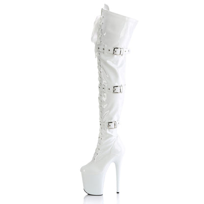8" Heel, 4" PF Stretch Thigh Boot W/Buckled Straps, Side Zip (Pleaser FLAM3028/B/M)