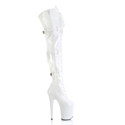 8" Heel, 4" PF Stretch Thigh Boot W/Buckled Straps, Side Zip (Pleaser FLAM3028/B/M)