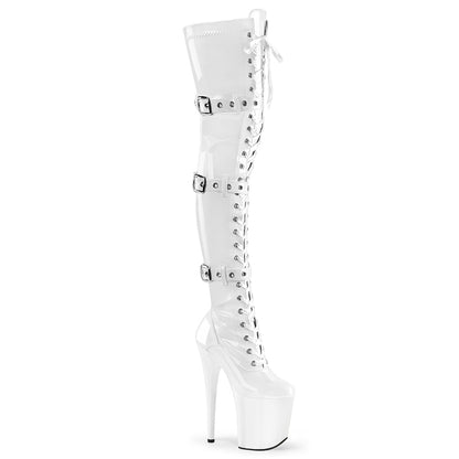 8" Heel, 4" PF Stretch Thigh Boot W/Buckled Straps, Side Zip (Pleaser FLAM3028/B/M)