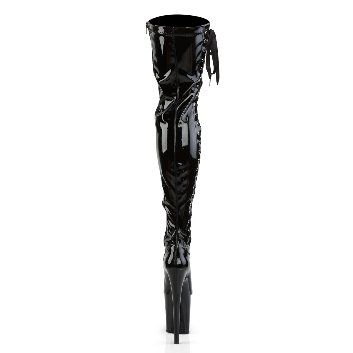 8" Heel, 4" PF Stretch Thigh Boot W/Side Ribbon Lacing, Side (Pleaser FLAM3050/B/M)