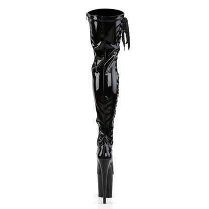 8" Heel, 4" PF Stretch Thigh Boot W/Side Ribbon Lacing, Side (Pleaser FLAM3050/B/M)