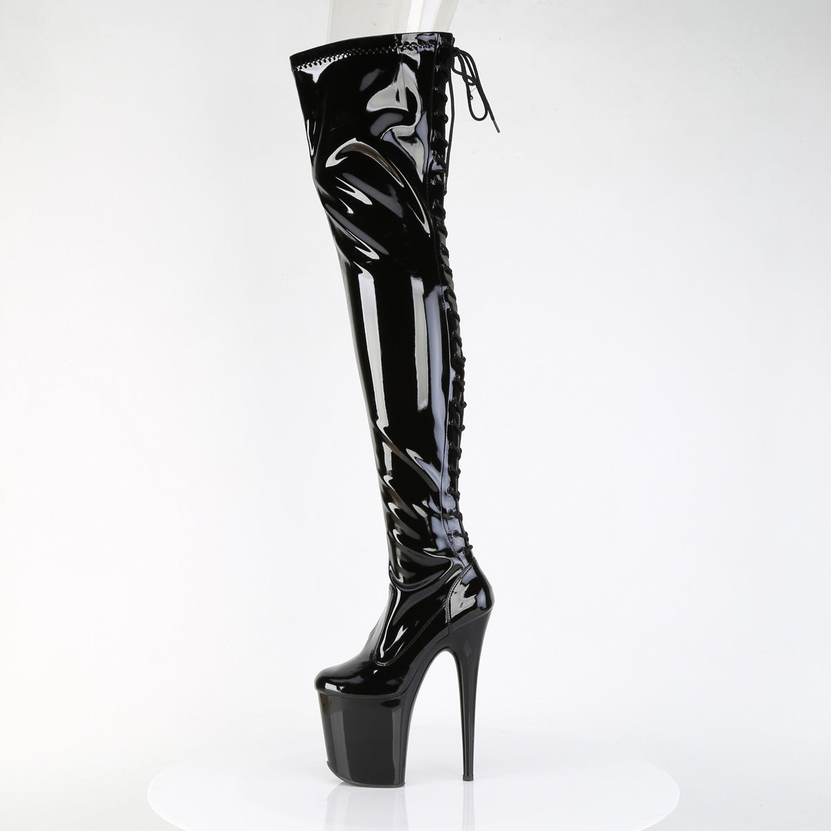 8" Heel, 4" PF Lace-Up Back Stretch Thigh Boot, Side Zip (Pleaser FLAM3850/B/M)