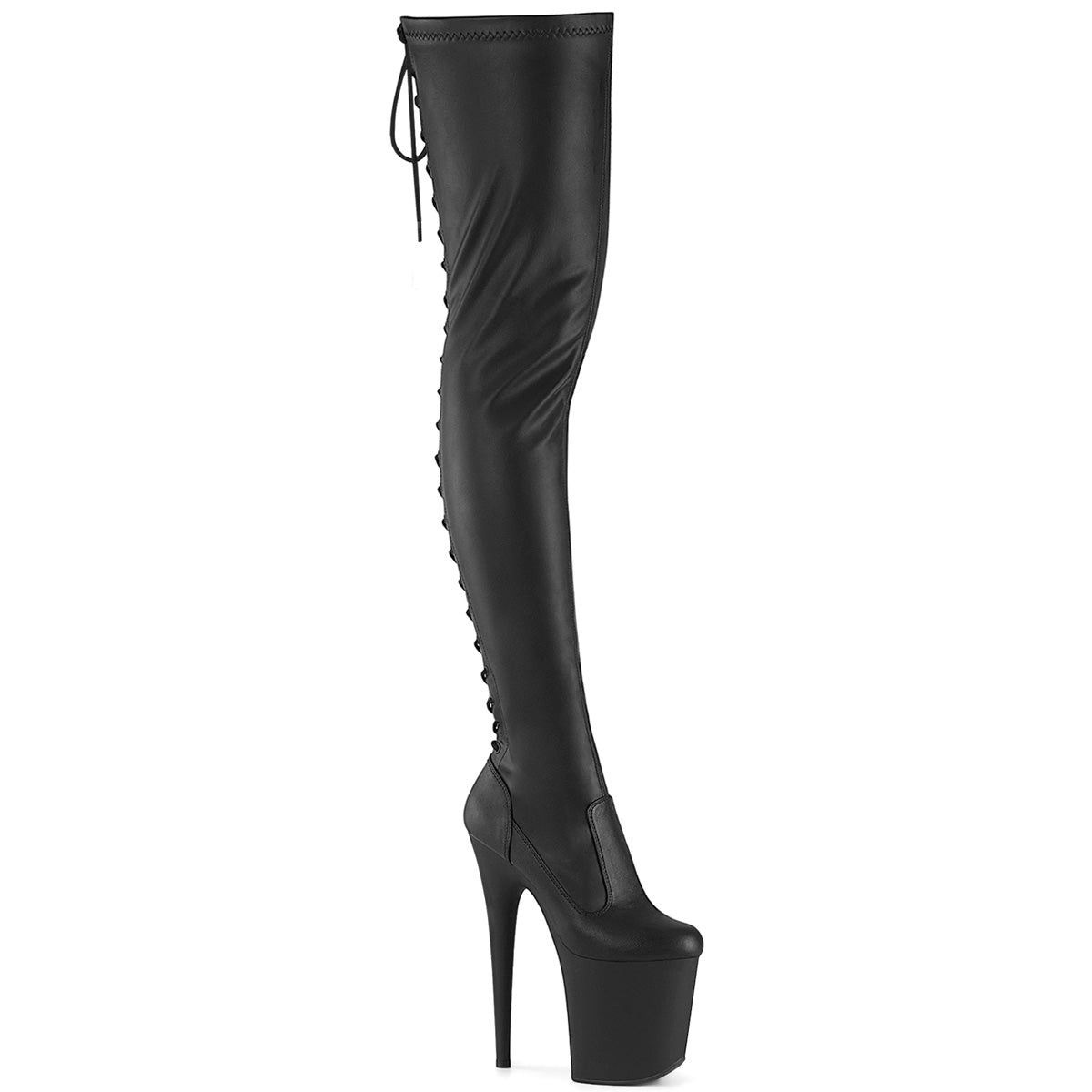 8" Heel, 4" PF Lace-Up Back Stretch Thigh Boot, Side Zip (Pleaser FLAM3850/B/M)