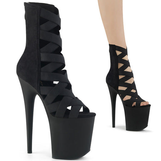 8" Heel, 4" PF Criss Cross Bootie Sandal, Back Zip (Pleaser FLAM800-24/BELS-MF/M)