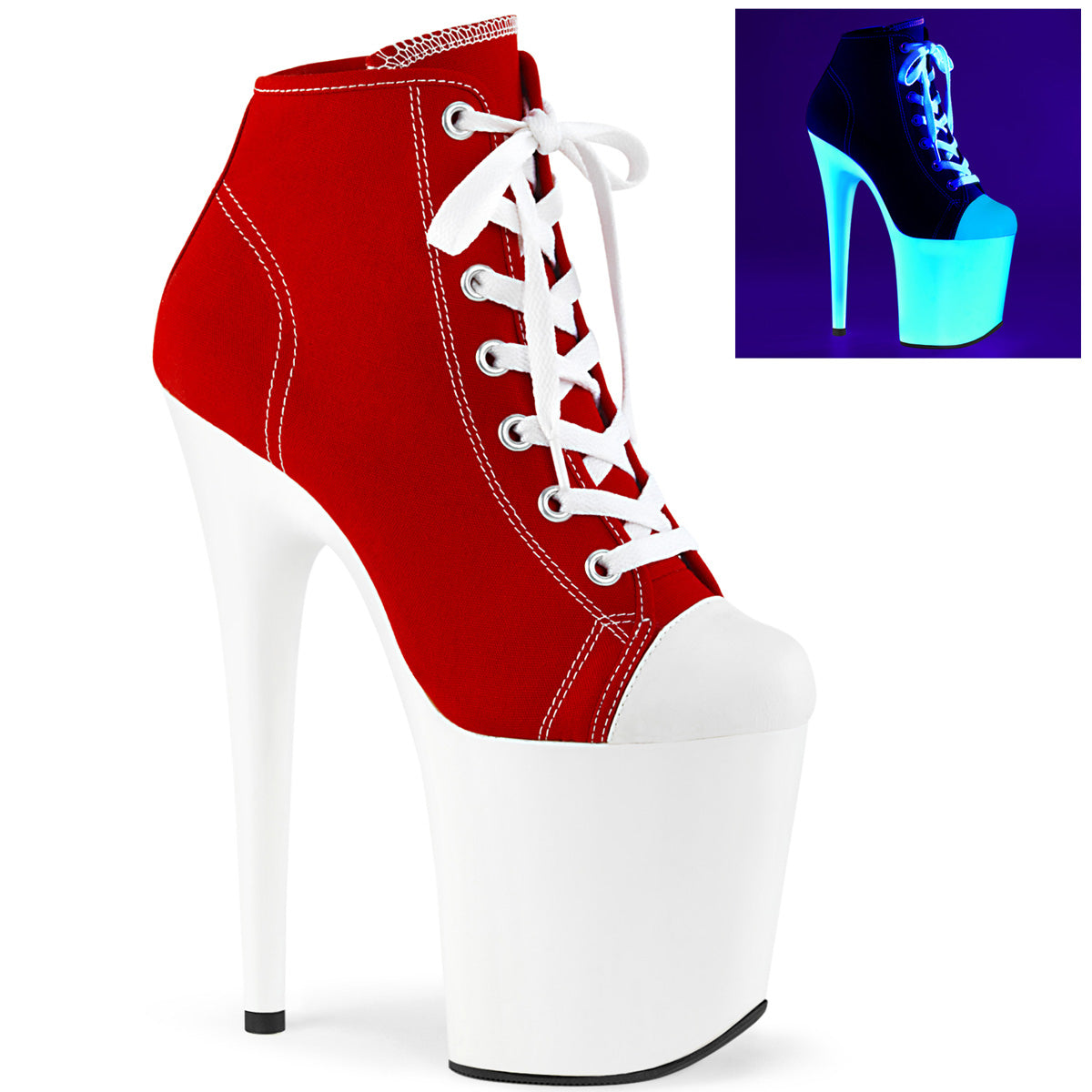 8" Heel, 4" PF Sneaker, Side Zip (Pleaser FLAM800SK-02/BCA/NW)