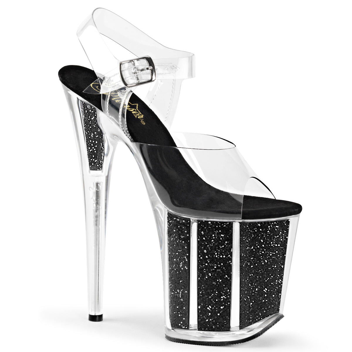 8" Heel, 4" PF Ankle Strap Sandal w/ Glitter Inserts (Pleaser FLAM808G/C/B)