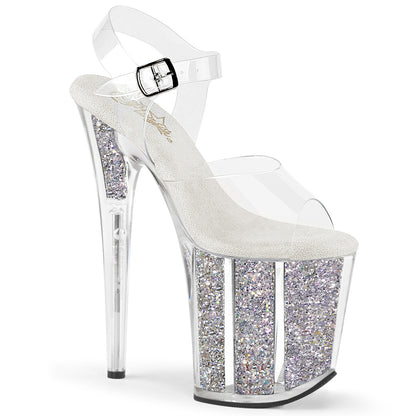 8" Heel, 4" PF Ankle Strap Sandal w/ Glitter Inserts (Pleaser FLAM808G/C/B)