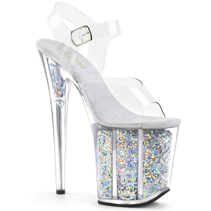 8" Heel, 4" Glitter Filled PF Ankle Strap Sandal (Pleaser FLAM808GF/C/SMCG)