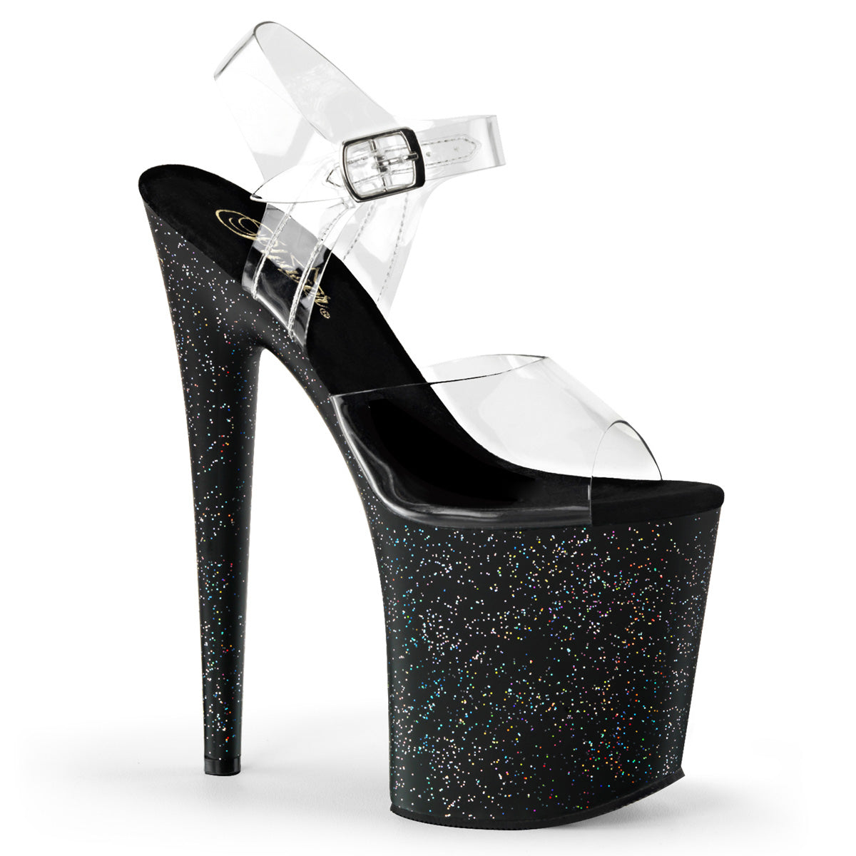 8" Heel, 4" PF Ankle Strap Sandal w/Mini Glitter (Pleaser FLAM808MG/C/B)