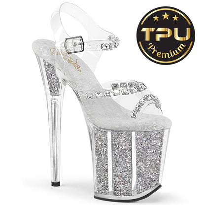 8" Heel, 4" PF Ankle Strap Sandal w/Stones (Pleaser FLAM808PREM-STN/C/M)