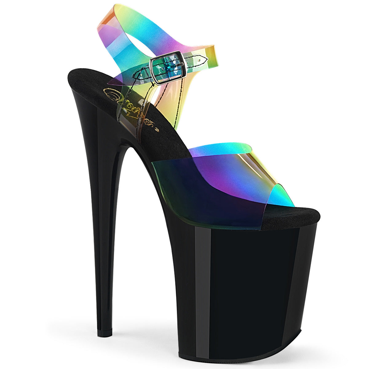**8" Heel, 4" PF Ankle Strap Sandal w/ Rainbow Upper (Pleaser FLAM808RB/RBOWPVC/B)
