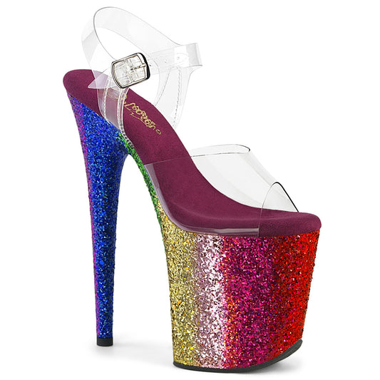 *8" Heel, 4" PF Ankle Strap Sandal w/Gliiter Bottom (Pleaser FLAM808RBG/C/RBOWG)