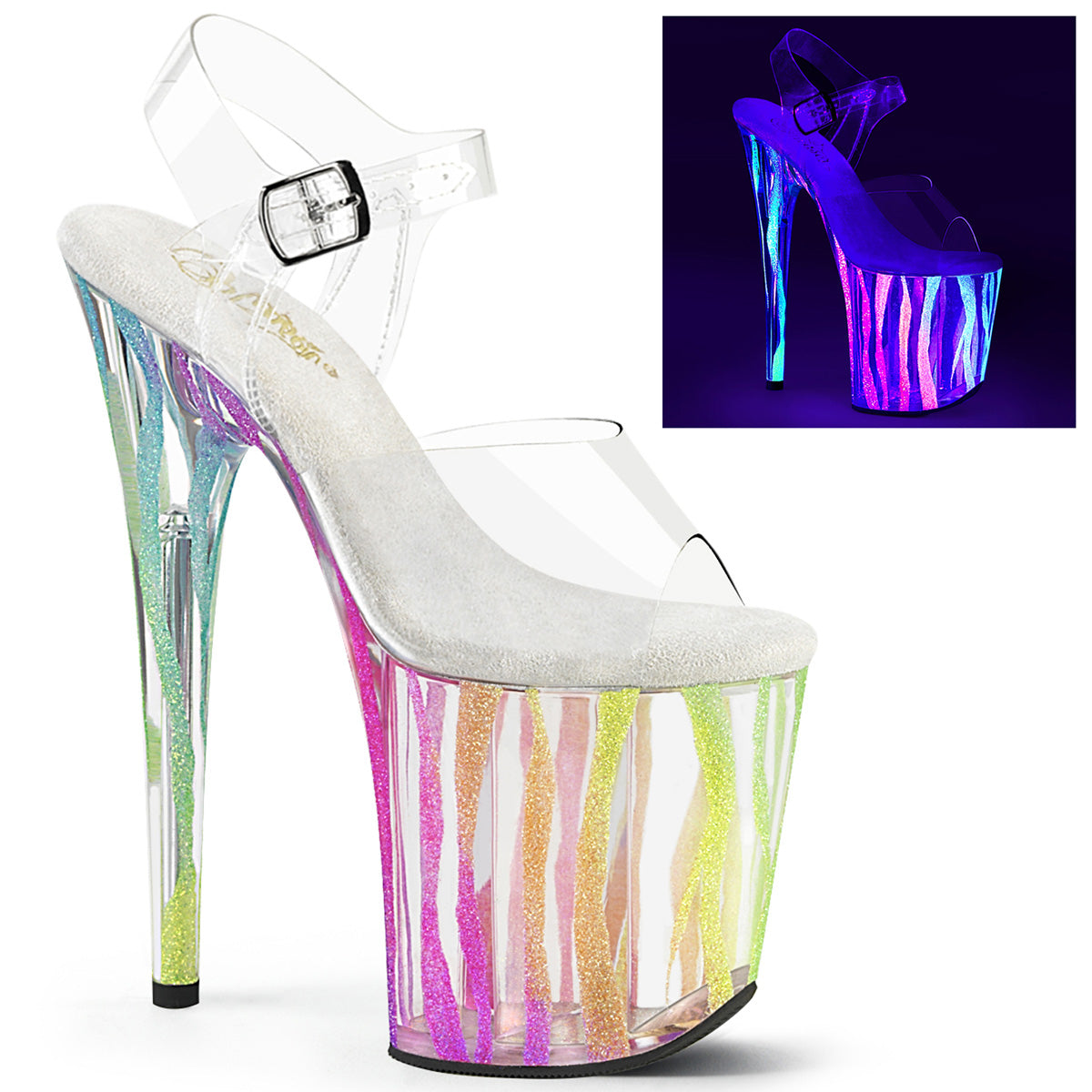 8" Heel, 4" PF Ankle Strap Sandal w/UV Reactive Bottom (Pleaser FLAM808RG-03/C/RBOWG)