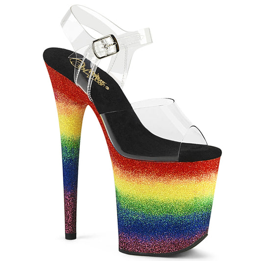 *8" Heel, 4" PF Ankle Strap Sandal w/Gliiter Bottom (Pleaser FLAM808RG-04/C/RBOWG)