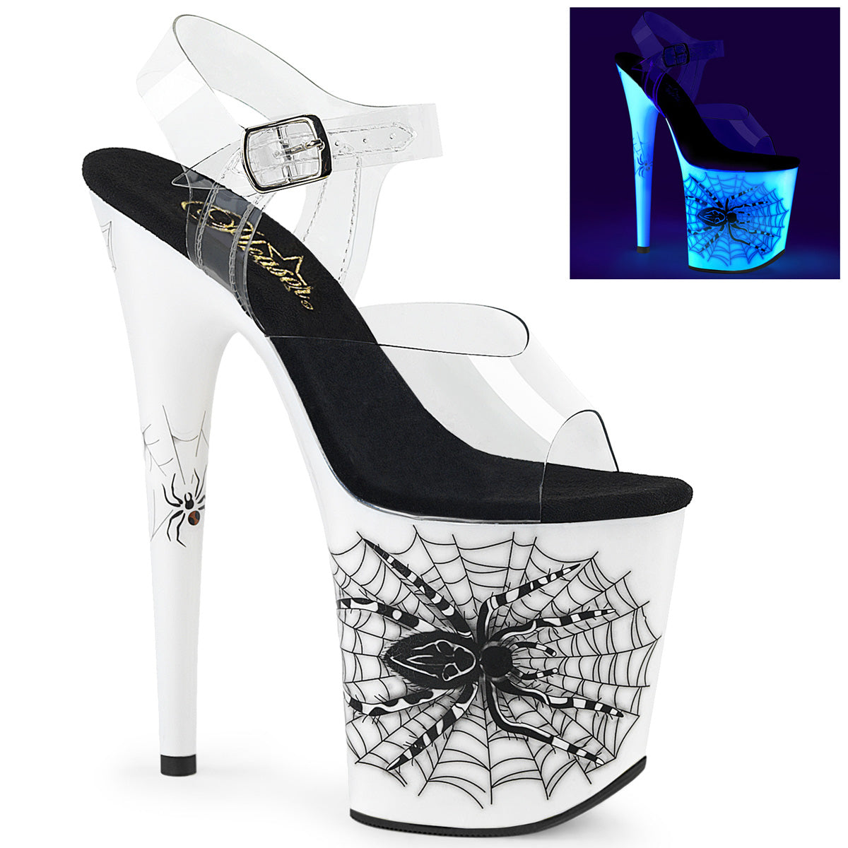 8" Heel, 4" PF Ankle Strap Sandal w/ Spider Design (Pleaser FLAM808SW/C/NW)