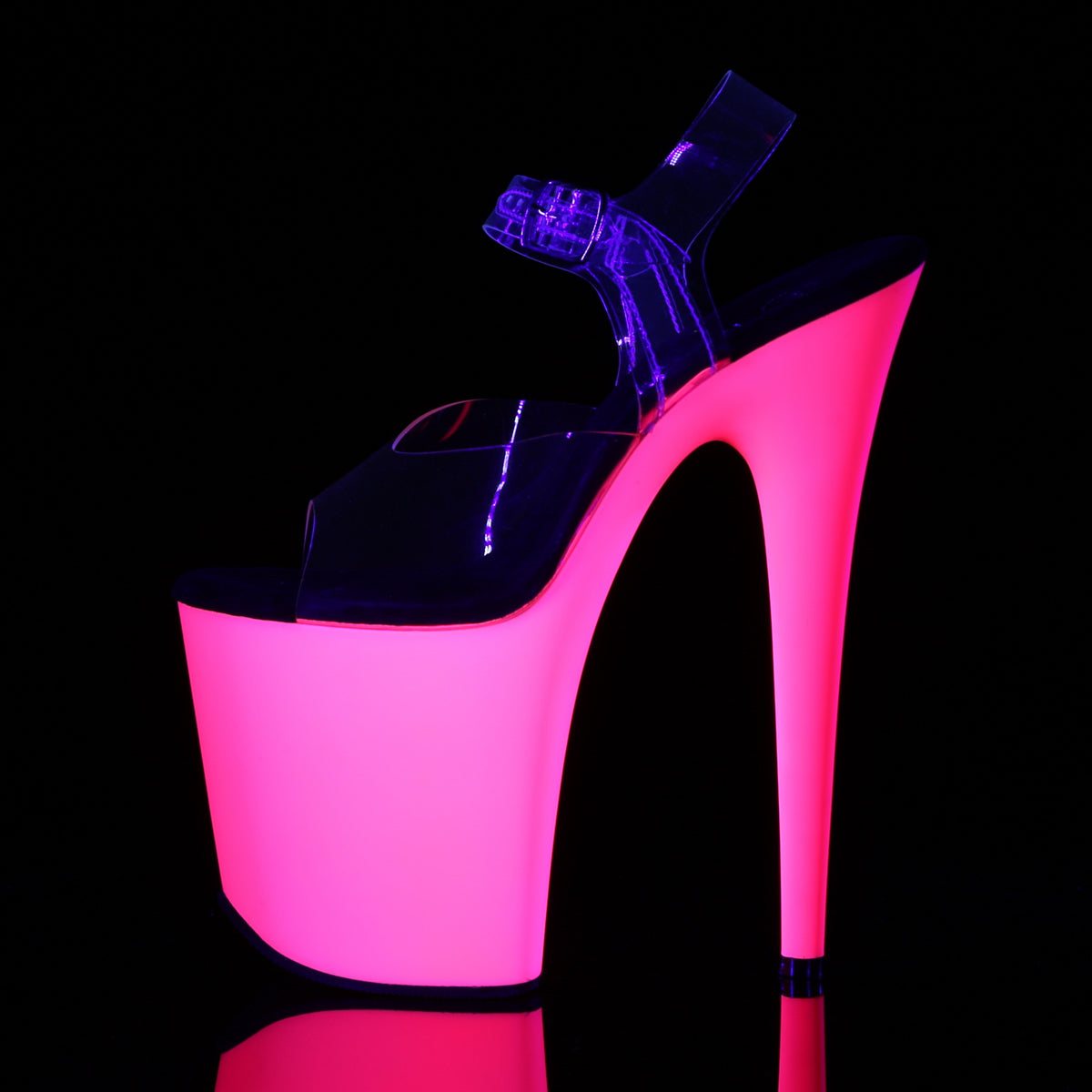 8" Heel, 4" PF Ankle Strap Sandal w/Neon UV Reactive BTM (Pleaser FLAM808UV/C/NP)