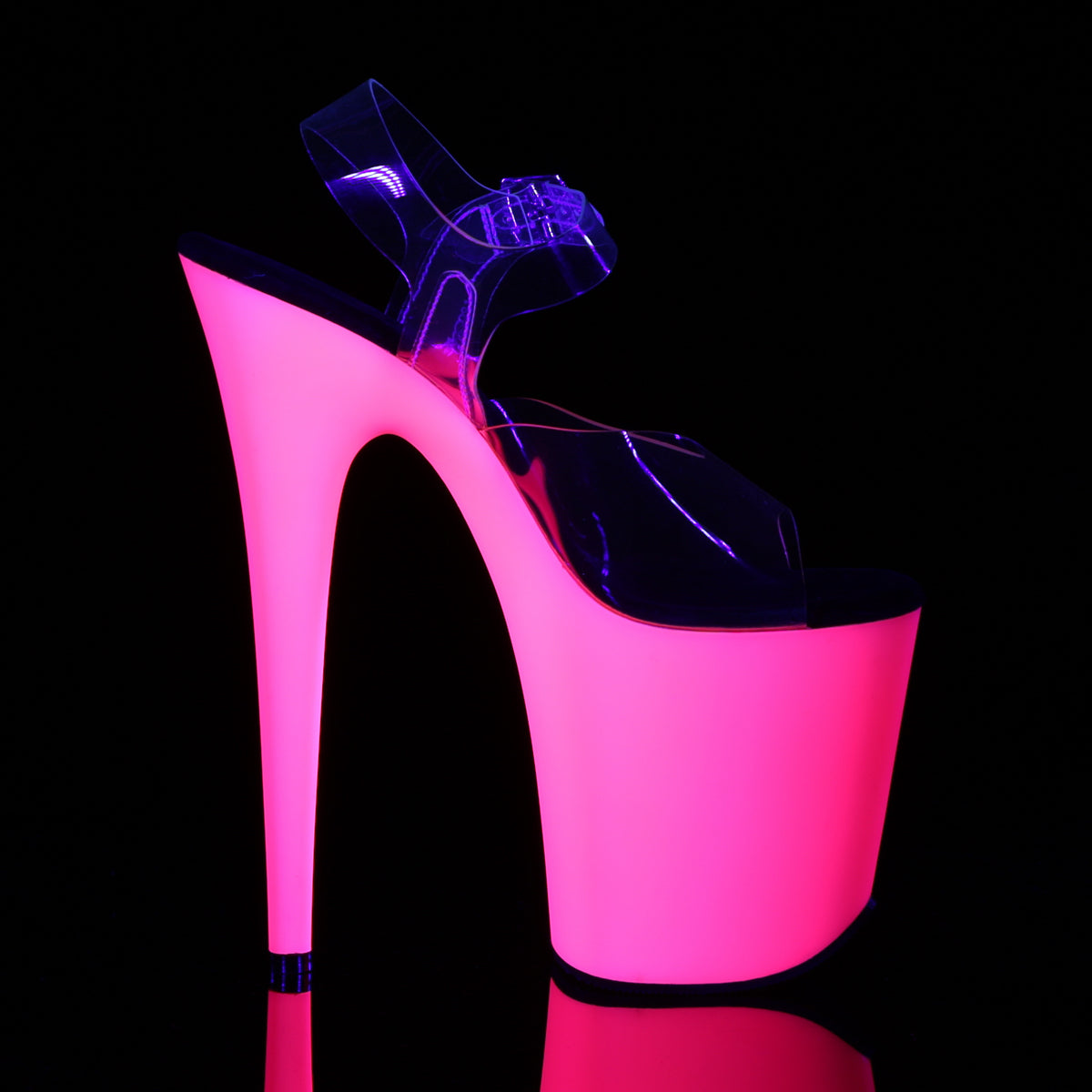 8" Heel, 4" PF Ankle Strap Sandal w/Neon UV Reactive BTM (Pleaser FLAM808UV/C/NP)