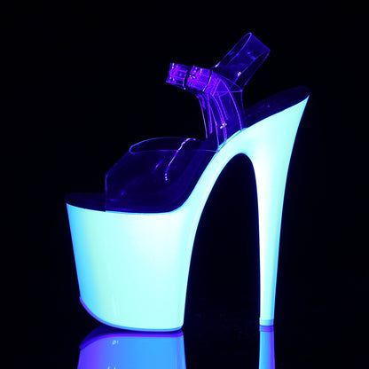8" Heel, 4" PF Ankle Strap Sandal w/Neon UV Reactive BTM (Pleaser FLAM808UV/C/NP)