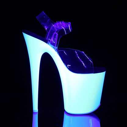 8" Heel, 4" PF Ankle Strap Sandal w/Neon UV Reactive BTM (Pleaser FLAM808UV/C/NP)