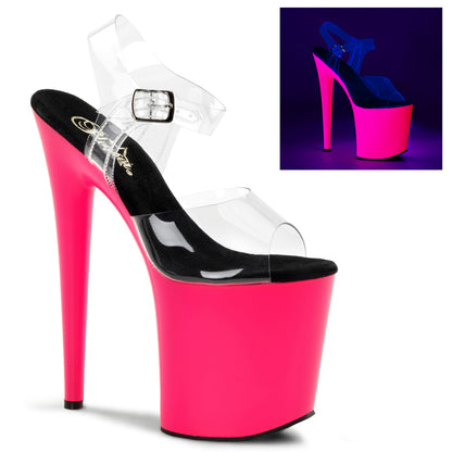 8" Heel, 4" PF Ankle Strap Sandal w/Neon UV Reactive BTM (Pleaser FLAM808UV/C/NP)
