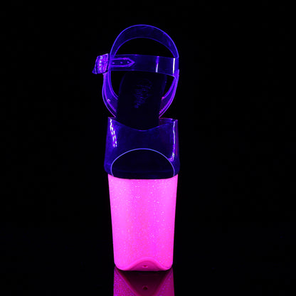 8" Heel, 4" PF Ankle Strap Sandal w/Neon UV Reactive BTM (Pleaser FLAM808UVG/C/NHPG)