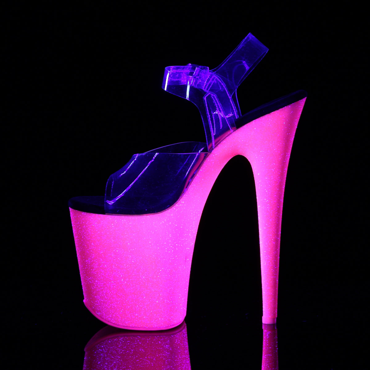 8" Heel, 4" PF Ankle Strap Sandal w/Neon UV Reactive BTM (Pleaser FLAM808UVG/C/NHPG)