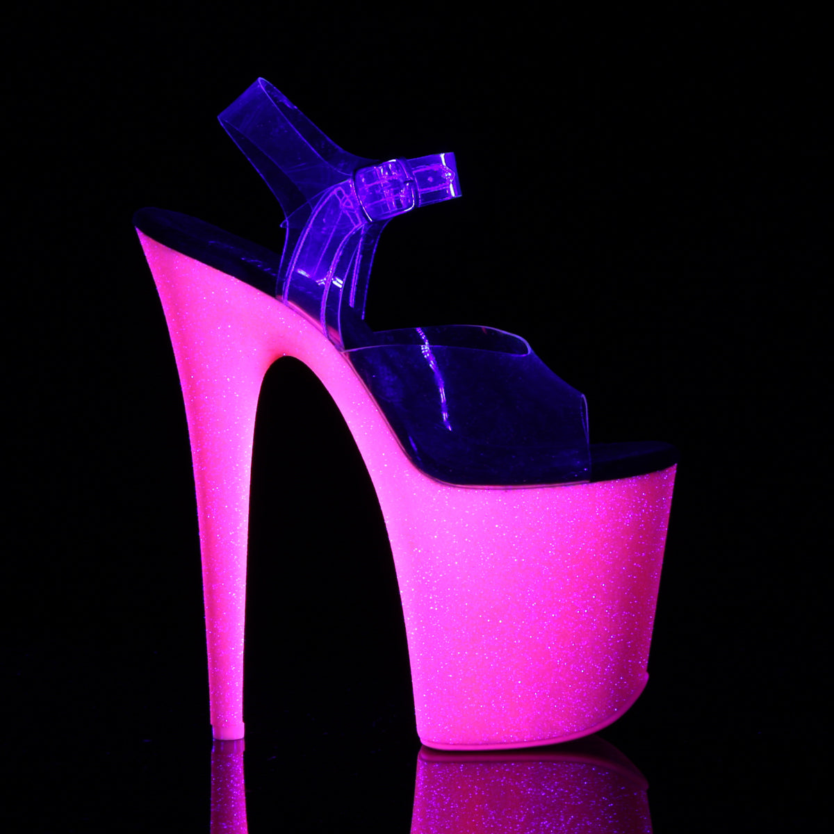 8" Heel, 4" PF Ankle Strap Sandal w/Neon UV Reactive BTM (Pleaser FLAM808UVG/C/NHPG)