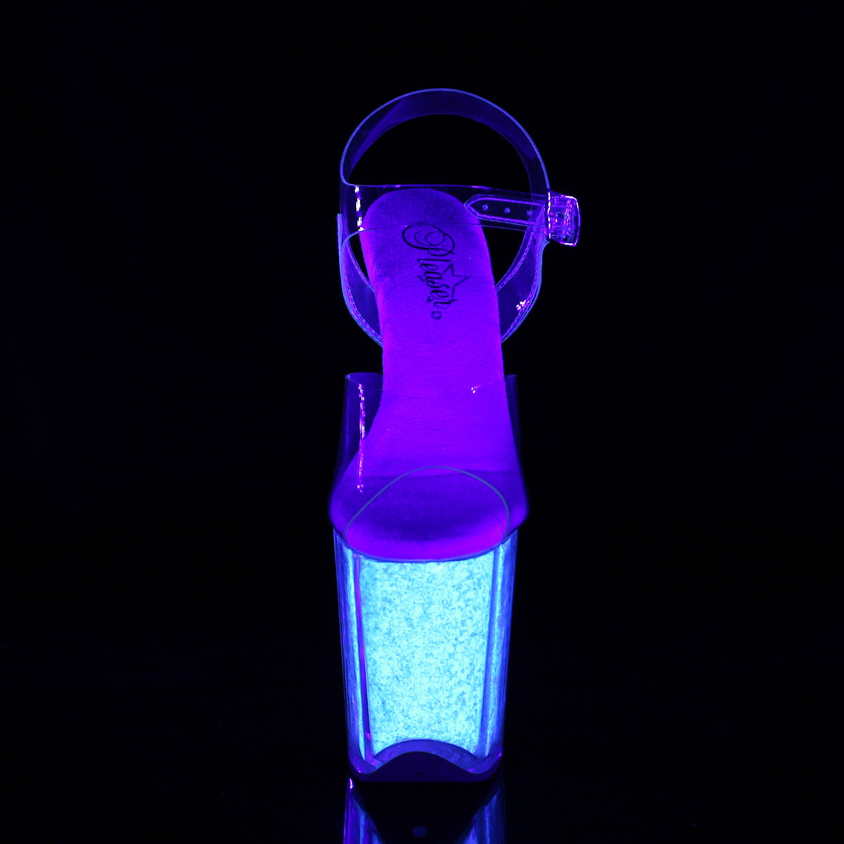 8" Heel, 4" PF Ankle Strap Sandal w/Neon UV Reactive BTM (Pleaser FLAM808UVG/C/NHPG)