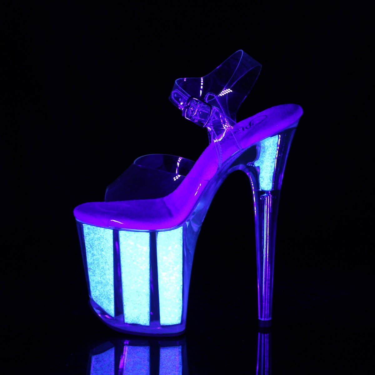 8" Heel, 4" PF Ankle Strap Sandal w/Neon UV Reactive BTM (Pleaser FLAM808UVG/C/NHPG)
