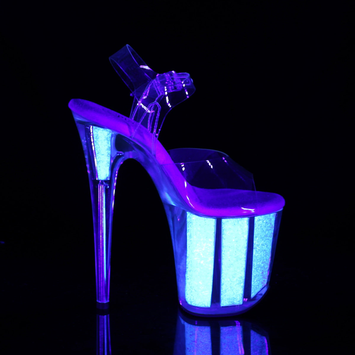 8" Heel, 4" PF Ankle Strap Sandal w/Neon UV Reactive BTM (Pleaser FLAM808UVG/C/NHPG)