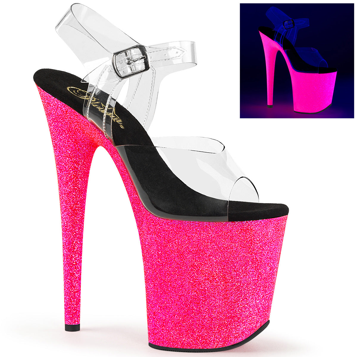 8" Heel, 4" PF Ankle Strap Sandal w/Neon UV Reactive BTM (Pleaser FLAM808UVG/C/NHPG)