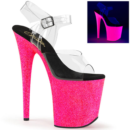 8" Heel, 4" PF Ankle Strap Sandal w/Neon UV Reactive BTM (Pleaser FLAM808UVG/C/NHPG)