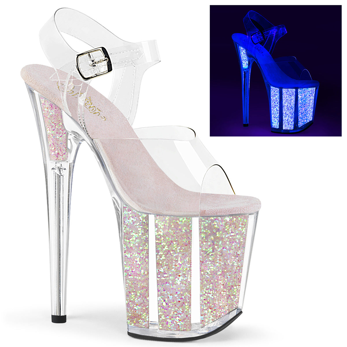 8" Heel, 4" PF Ankle Strap Sandal w/Neon UV Reactive BTM (Pleaser FLAM808UVG/C/NHPG)