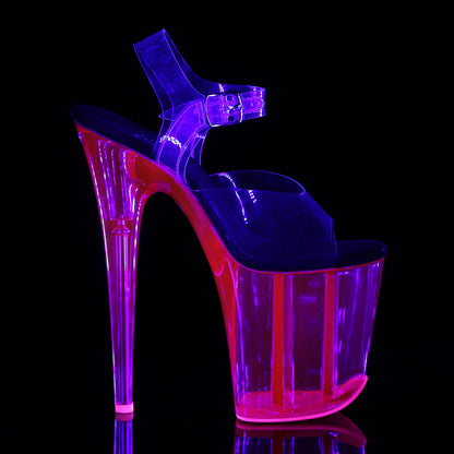 8" Heel, 4" UV Reactive Tinted PF Ankle Strap Sandal (Pleaser FLAM808UVT/C/HP)