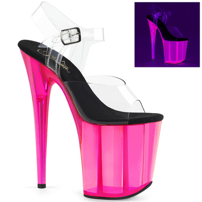 8" Heel, 4" UV Reactive Tinted PF Ankle Strap Sandal (Pleaser FLAM808UVT/C/HP)