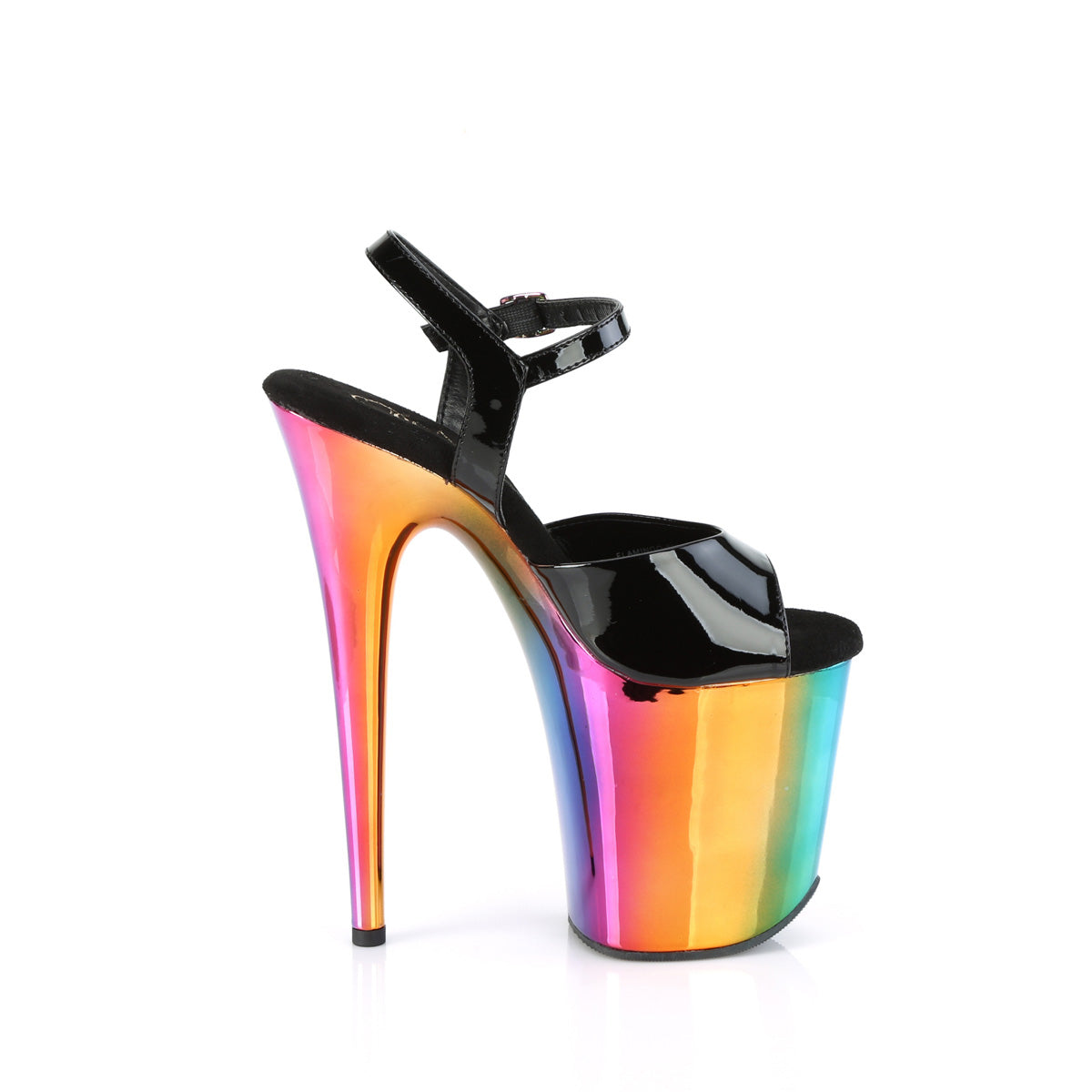 *8" Heel, 4" Chrome Plated PF Ankle Strap Sandal (Pleaser FLAM809RC/B/RBOWCH)