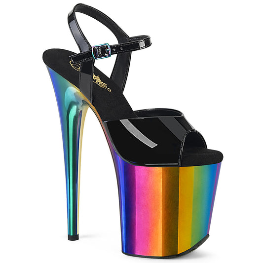 *8" Heel, 4" Chrome Plated PF Ankle Strap Sandal (Pleaser FLAM809RC/B/RBOWCH)