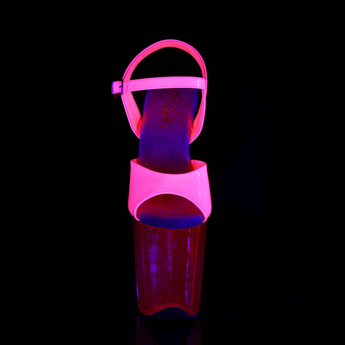 8" Heel, 4" PF UV Reactive Ankle Strap Sandal (Pleaser FLAM809UVT/NHP/M)