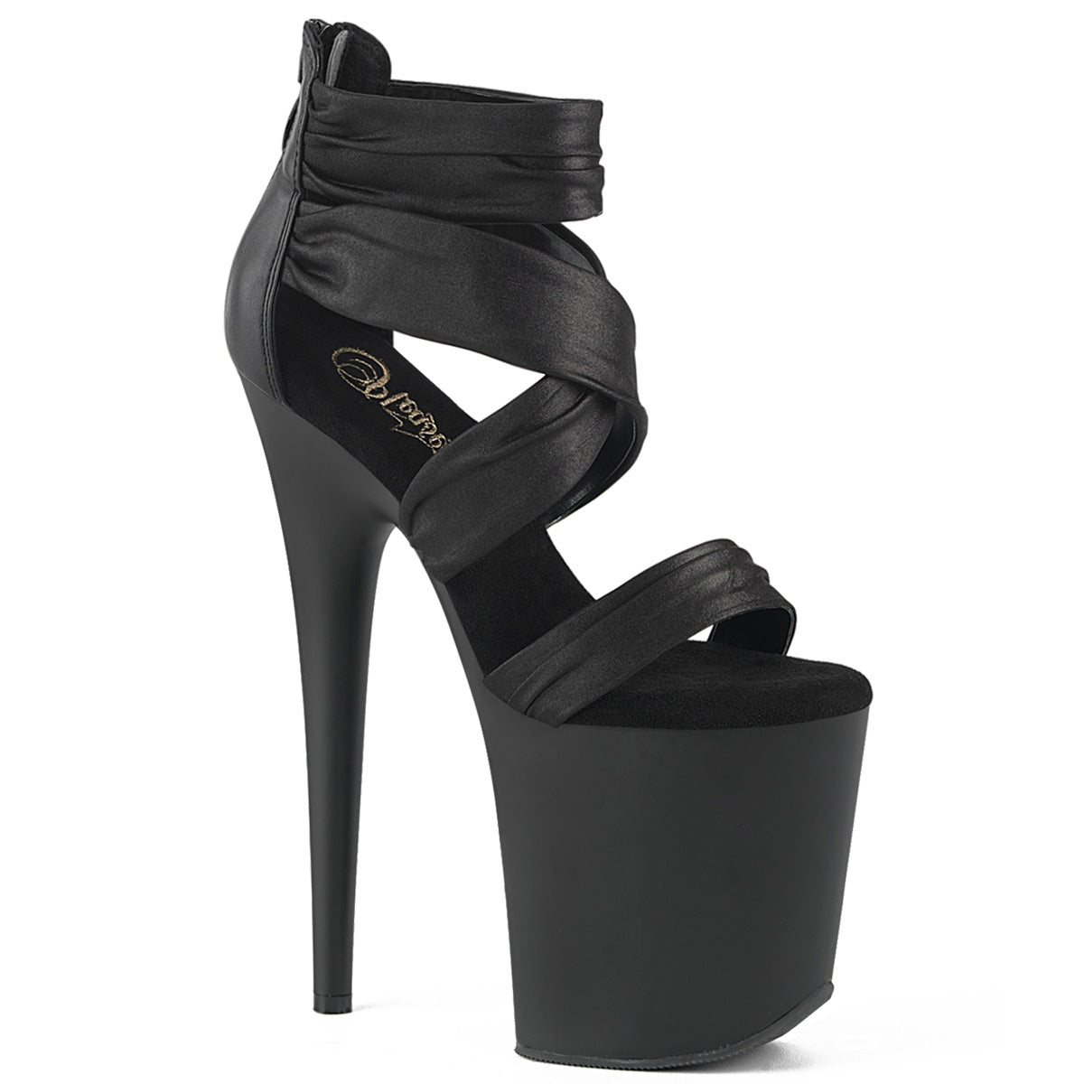 8" Heel, 4" PF Ruched Ankle Strap Sandal, Back Zip (Pleaser FLAM820/BPU-FA/M)