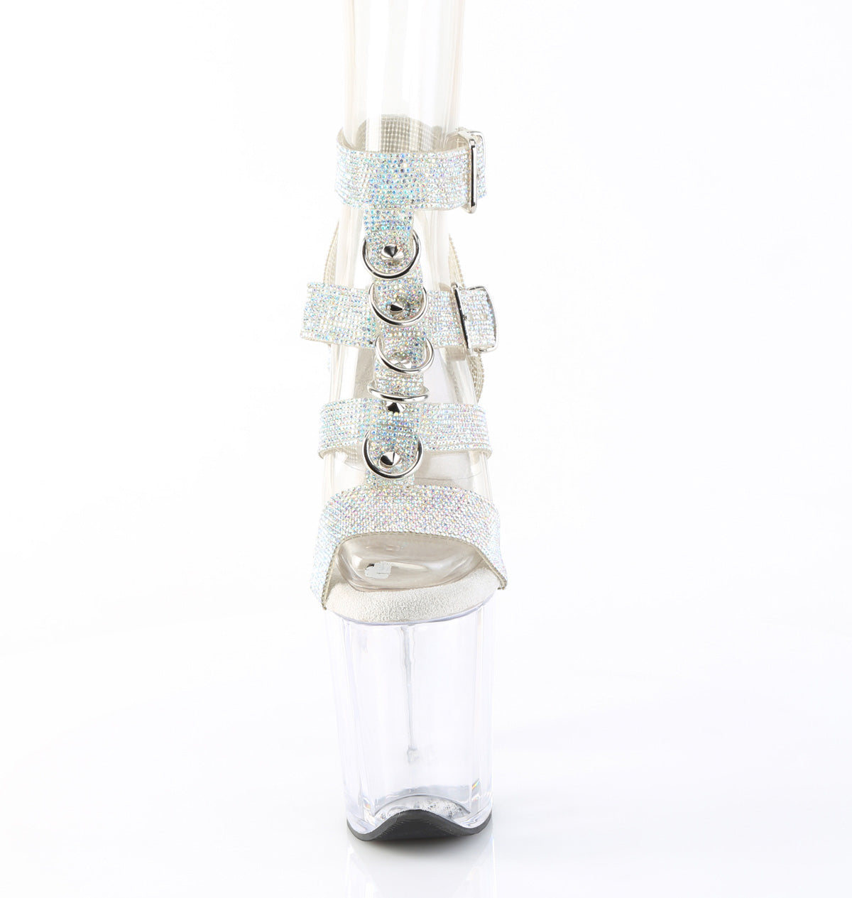 8" Heel, 4" PF Rhinestoned Dual Buckle T-Strap  Sandal (Pleaser FLAM856RS/SRS-TPU/C)