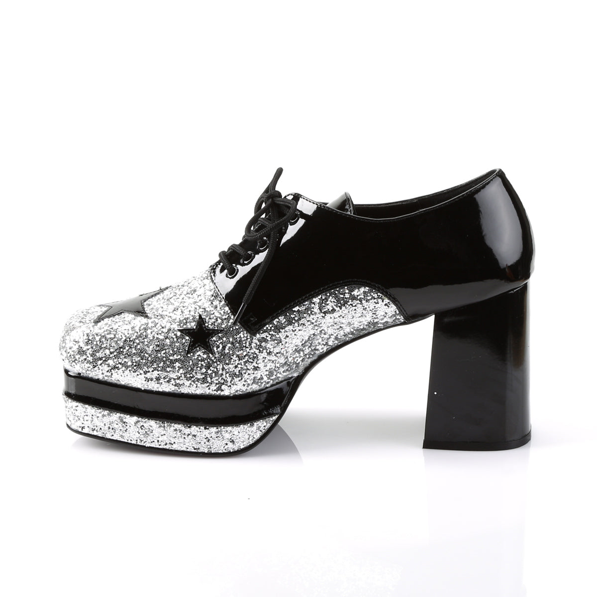 3 1/2" Heel, 1 1/2" Stacked PF, Lace Up Black Glitter Oxford (Funtasma GLAM02/B/SG)