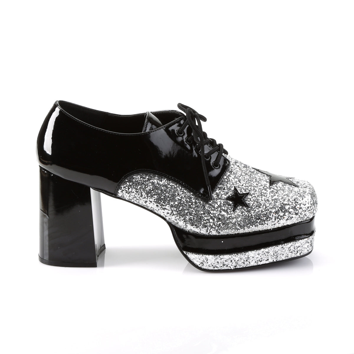 3 1/2" Heel, 1 1/2" Stacked PF, Lace Up Black Glitter Oxford (Funtasma GLAM02/B/SG)