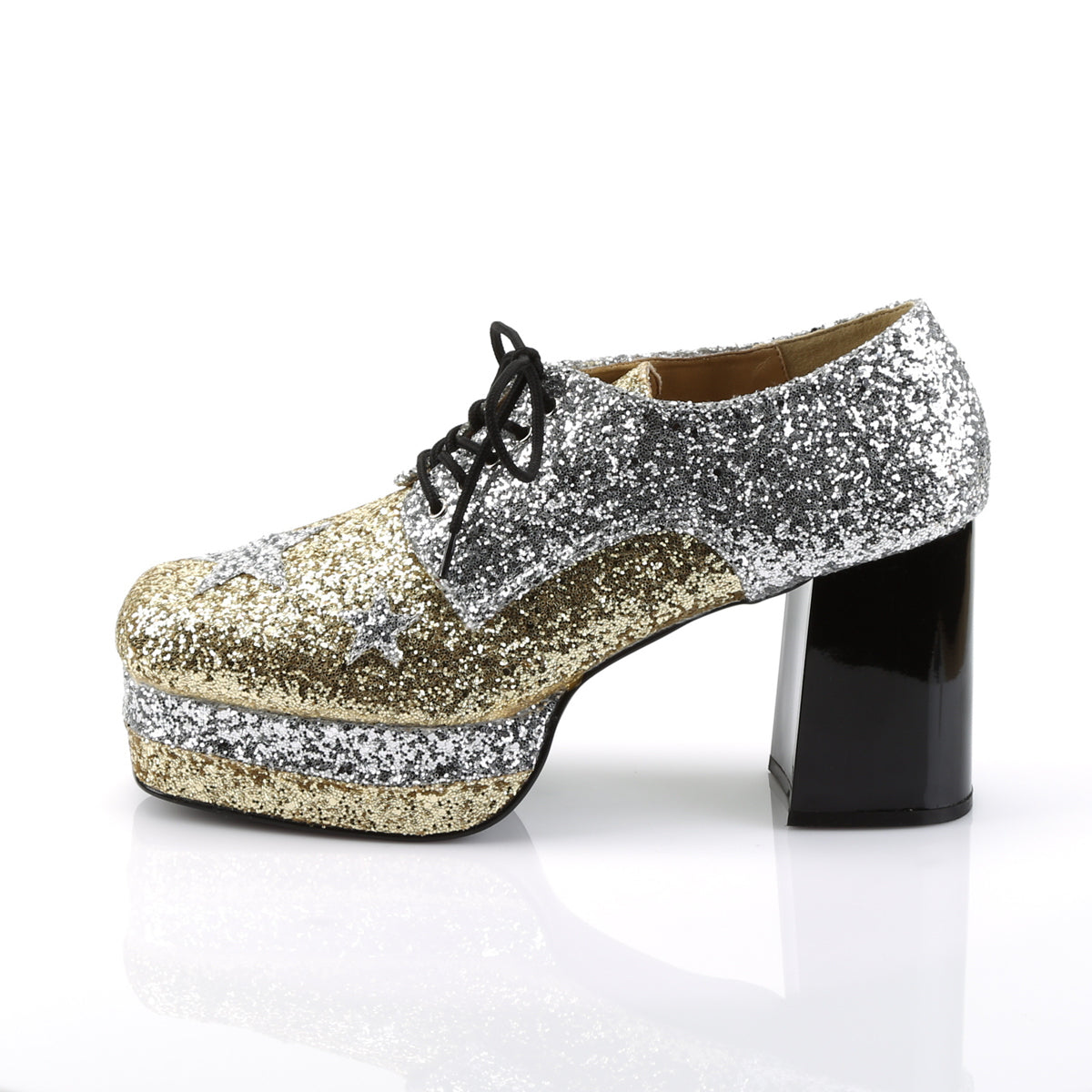 3 1/2" Heel, 1 1/2" Stacked PF, Lace Up Black Glitter Oxford (Funtasma GLAM02/B/SG)