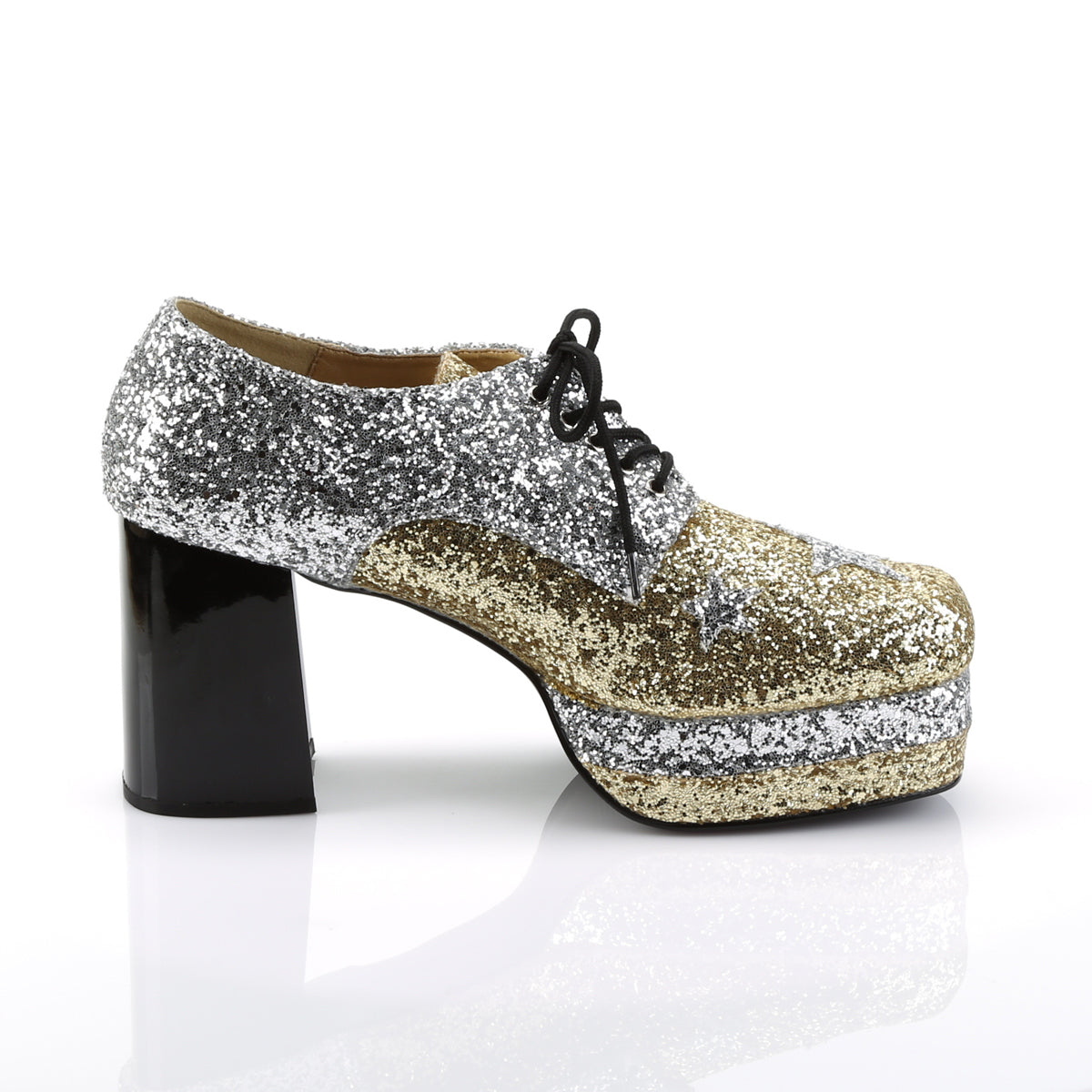 3 1/2" Heel, 1 1/2" Stacked PF, Lace Up Black Glitter Oxford (Funtasma GLAM02/B/SG)